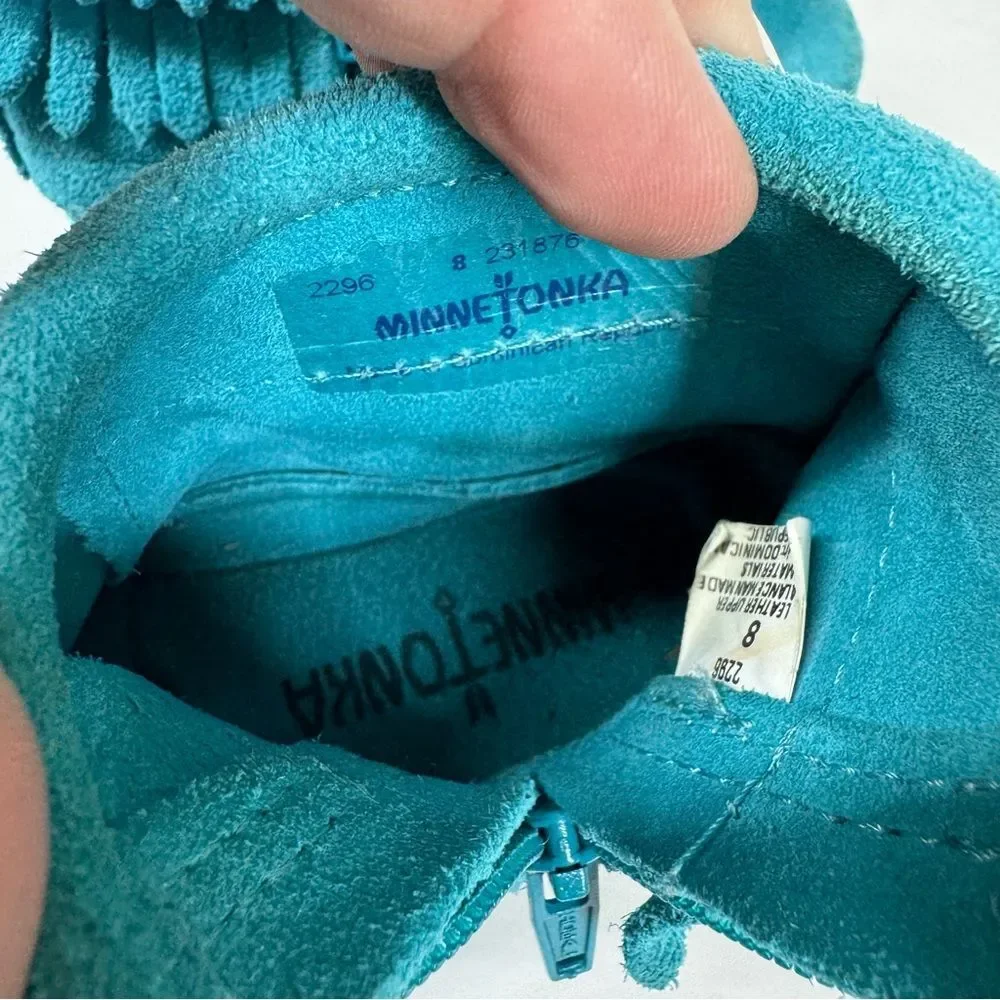 Minnetonka Baby Girl Double Fringe Suede Leather Zip Up Moccasins Booties Teal 8
